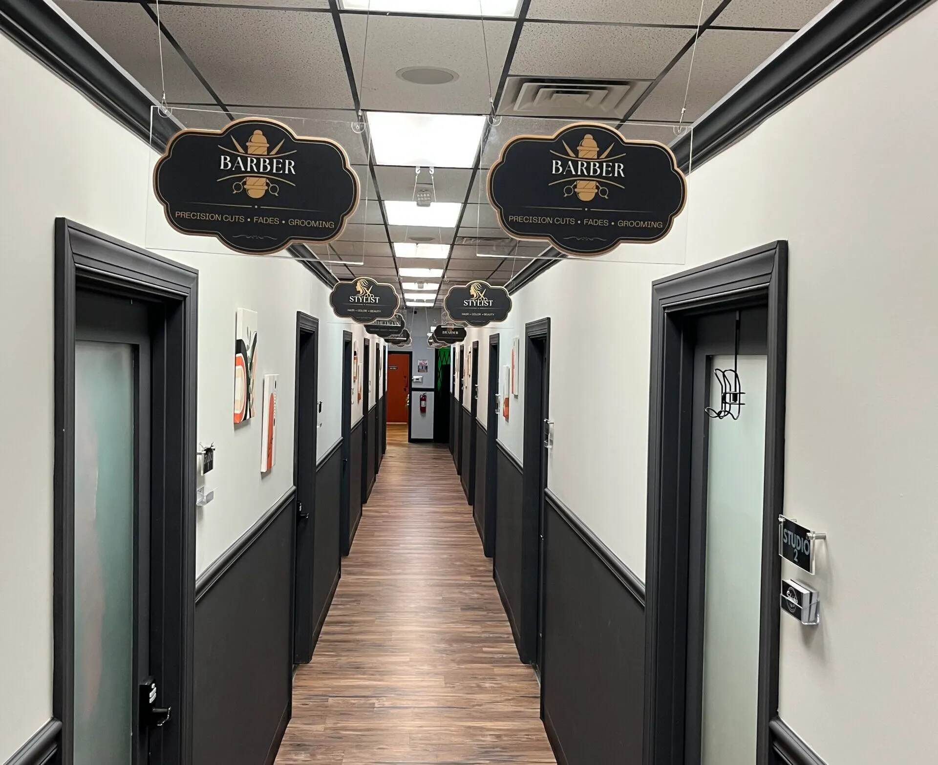 Private salon-suite hallway at XtraSuite Salon Studios